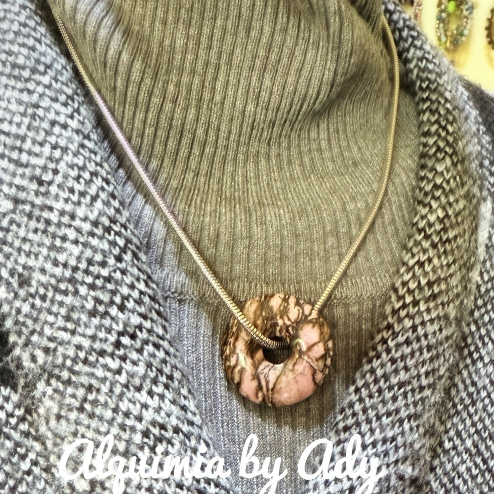 Rhodonite Pink and Brown Donut Pendant Necklace